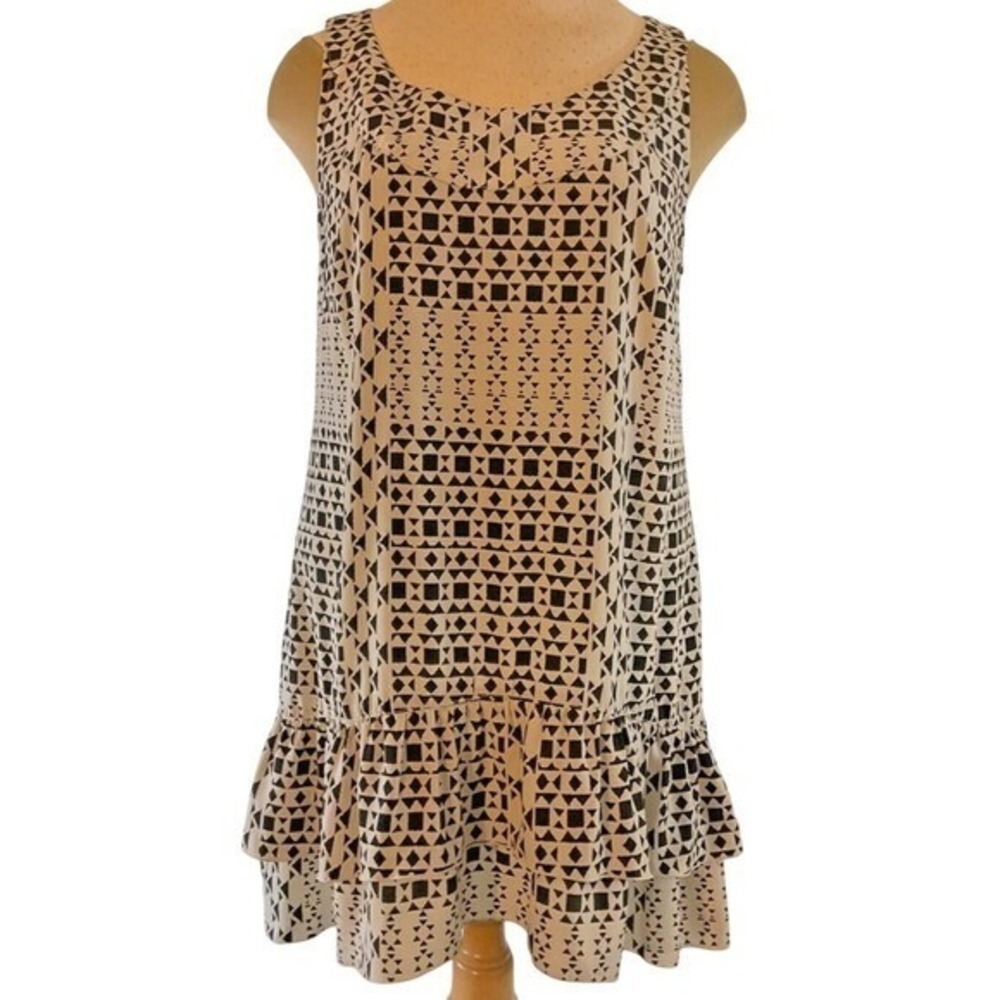 Style & Co Womens Geometric Print Ruffle Hem Shift Dress Tan Black Size 12 - Picture 2 of 11